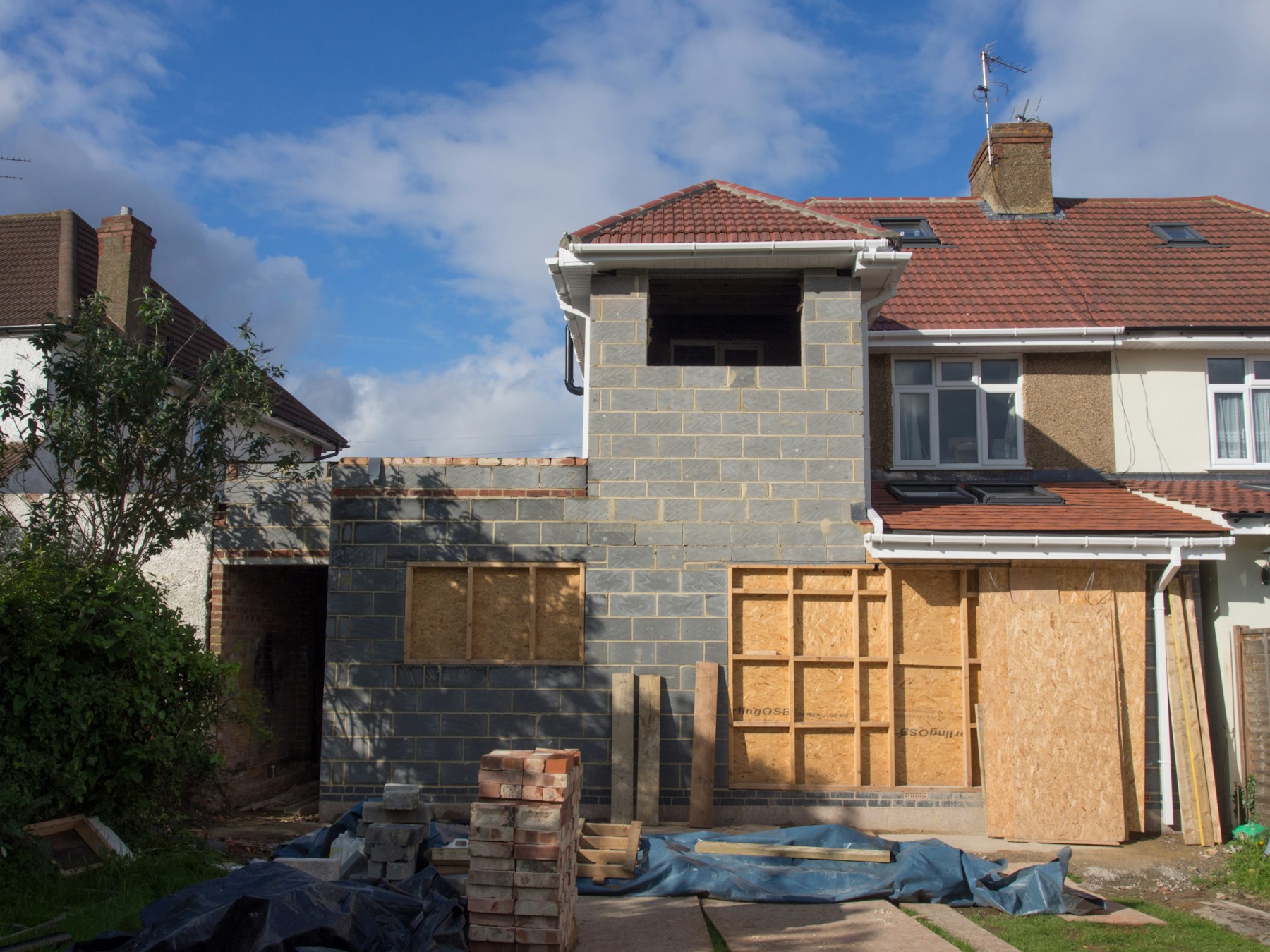 Residential extension in progress showing masonry and structural work